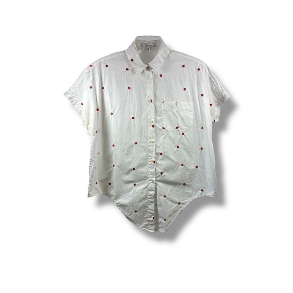 Madewell Short Sleeve Buttoned Down with Embroidered Strawberries Front Tie in W